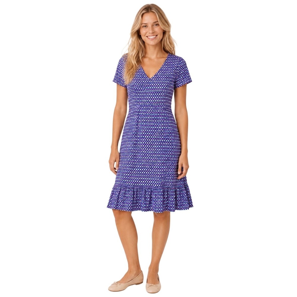 Boden Blue Pink Geometric Diamond Print Short Sleeve Ruffle Hem V-Neck Dress 10R